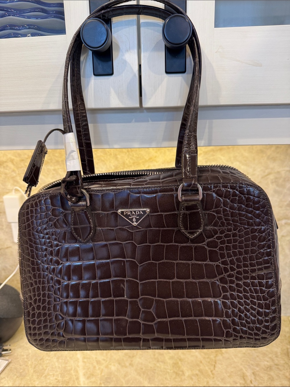 Prada Dark Brown Croc-Embossed Leather Bowling Bag